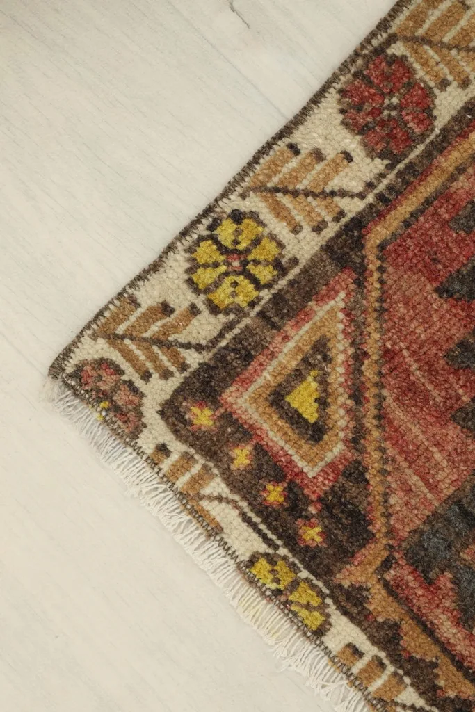 Corner view of the rug, highlighting the beige border and the hand-knotted fringe.