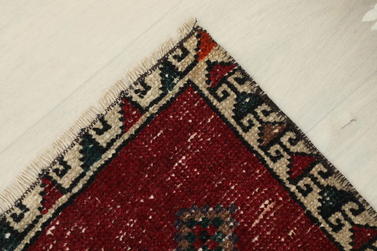 Corner detail of the rug, illustrating the intricate border work and the fringe at one end.