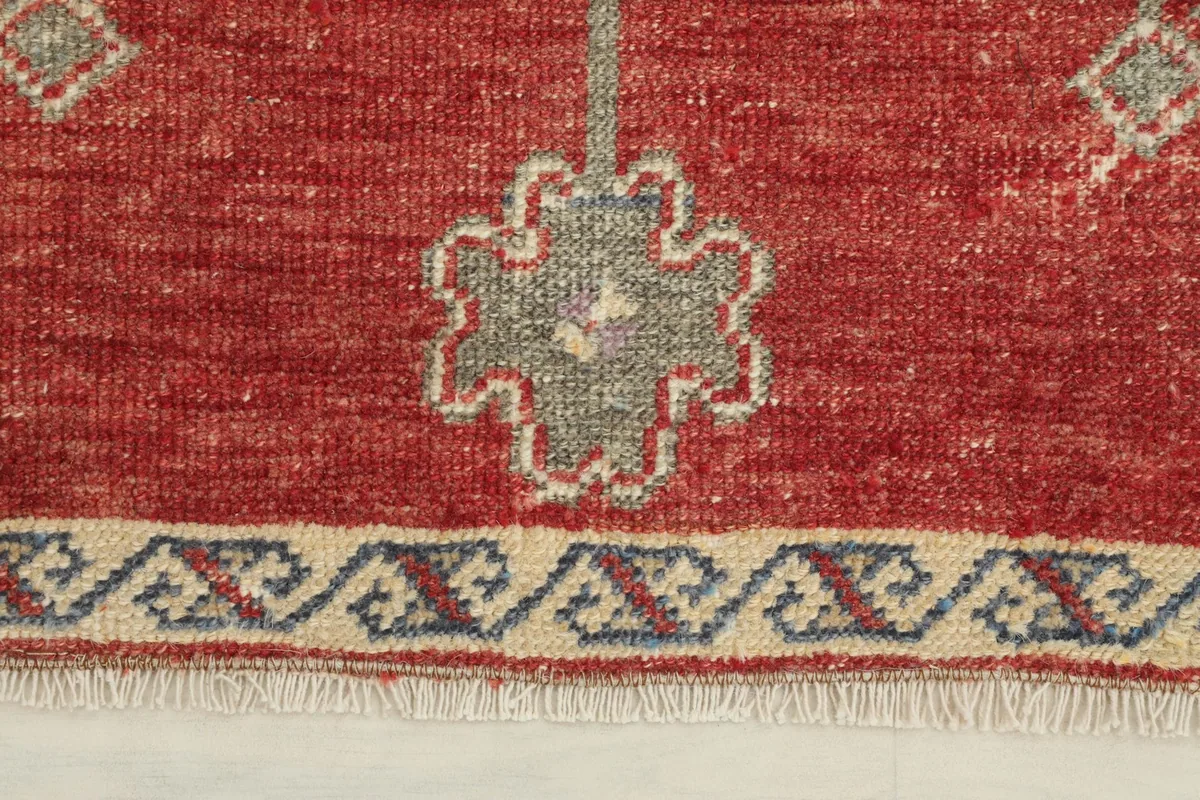 Close-up detail of the rug's red pile, a gray motif, and the beige border with blue geometric patterns.