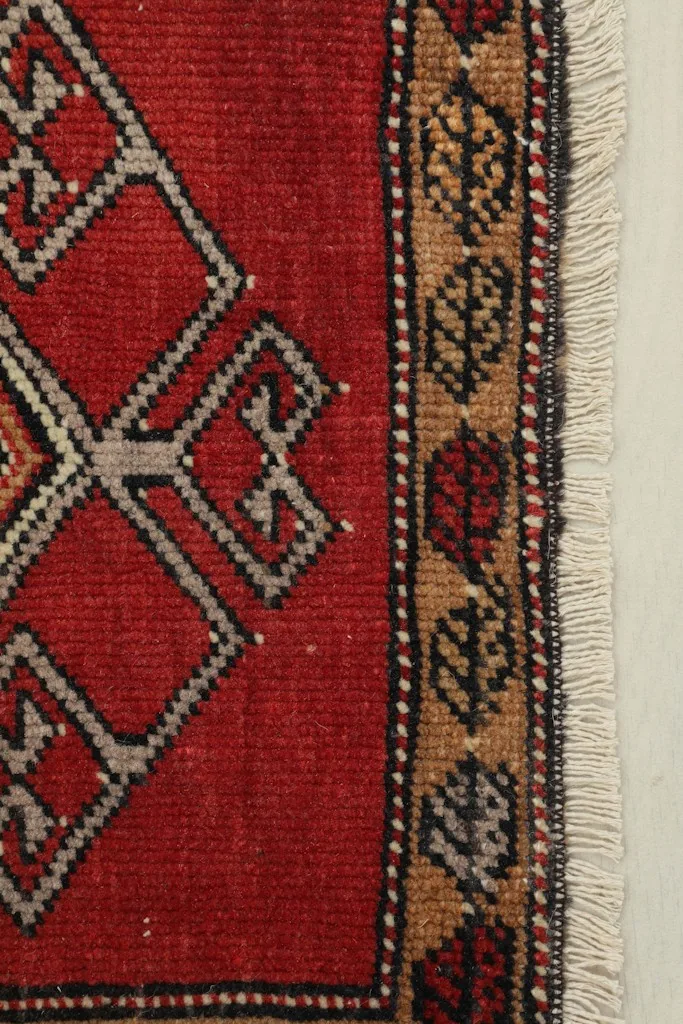 Close-up detail of the red field and tan border with leaf motifs and fringe.