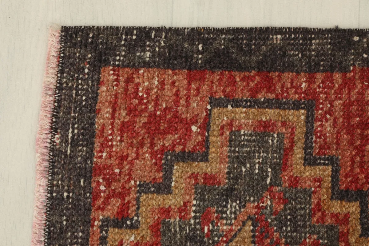 Close-up of the dark brown border and the transition into the red field with tan accents.