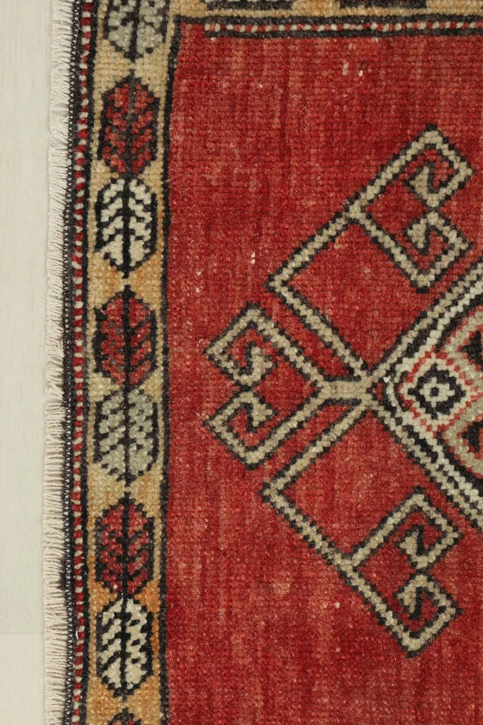 Close-up detail of the rug's left border and part of the red field with geometric motifs.