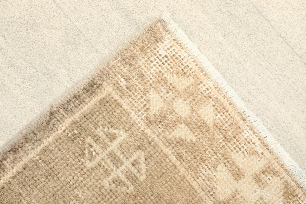 Corner detail of the rug, showing the tan border with lighter geometric elements and fringe.