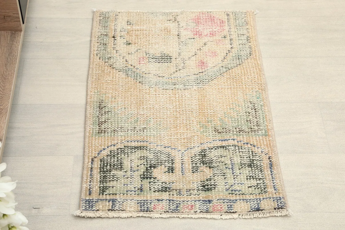 Overhead view of the small beige rug, showing its overall design and colors.