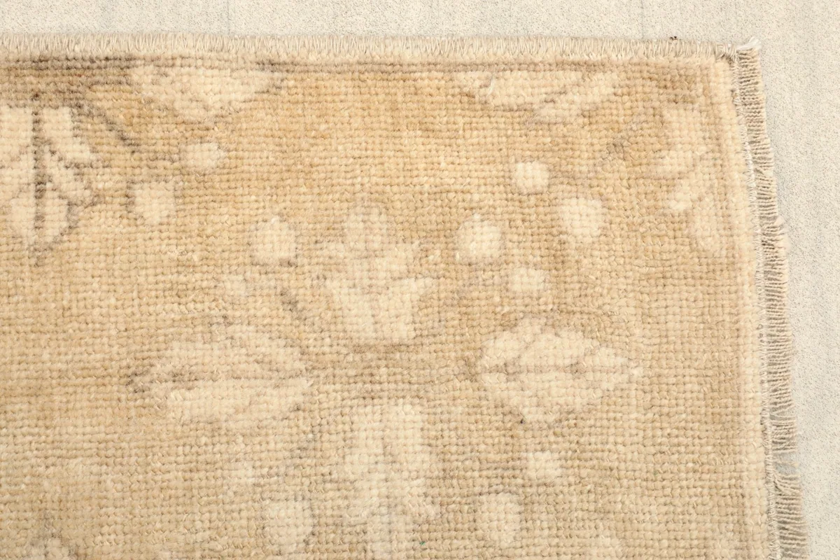 Detailed view of the rug's edge and the repeating leaf and dot pattern on the beige field.
