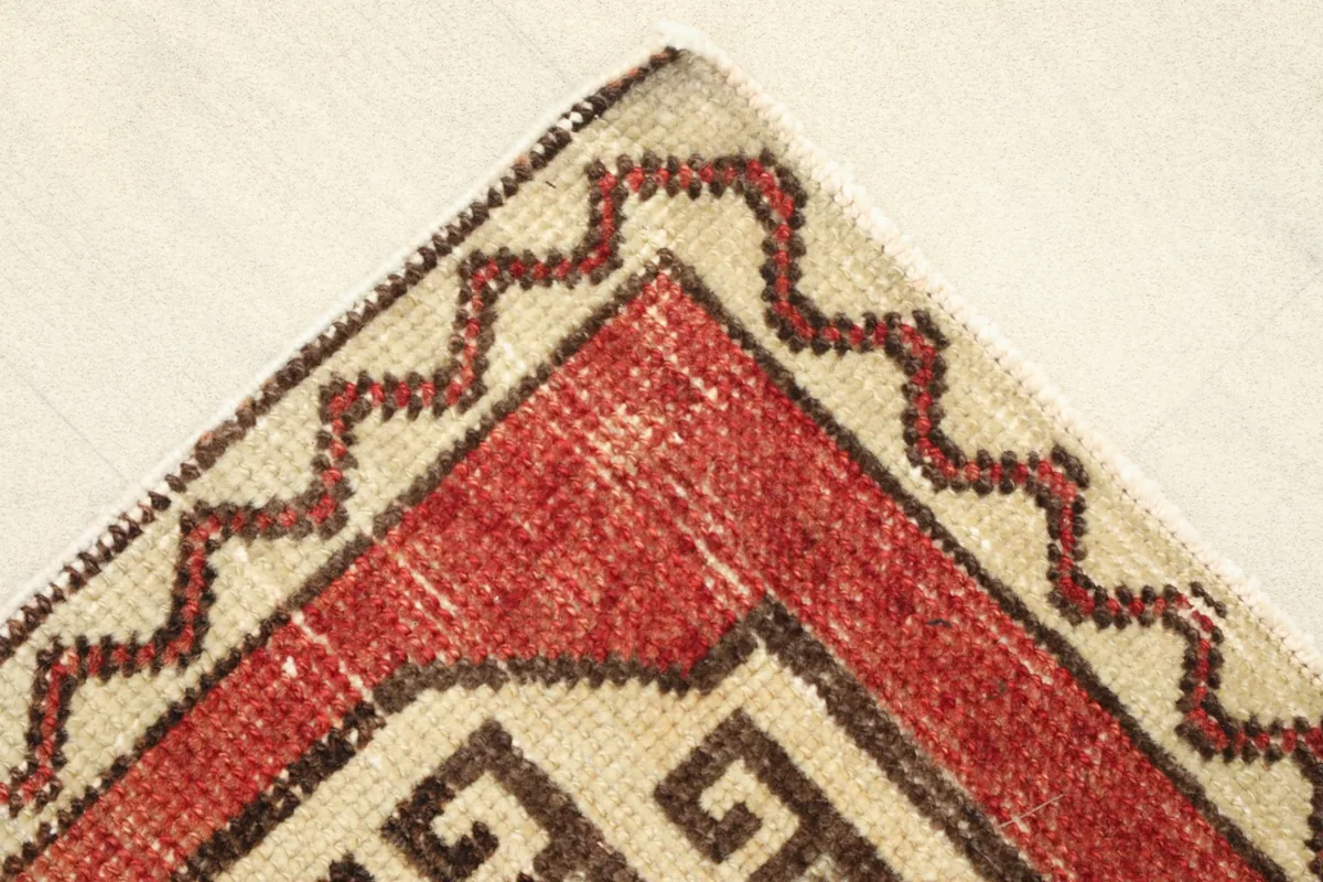 Corner detail showing the rust border and the beige outer border with a zigzag pattern.