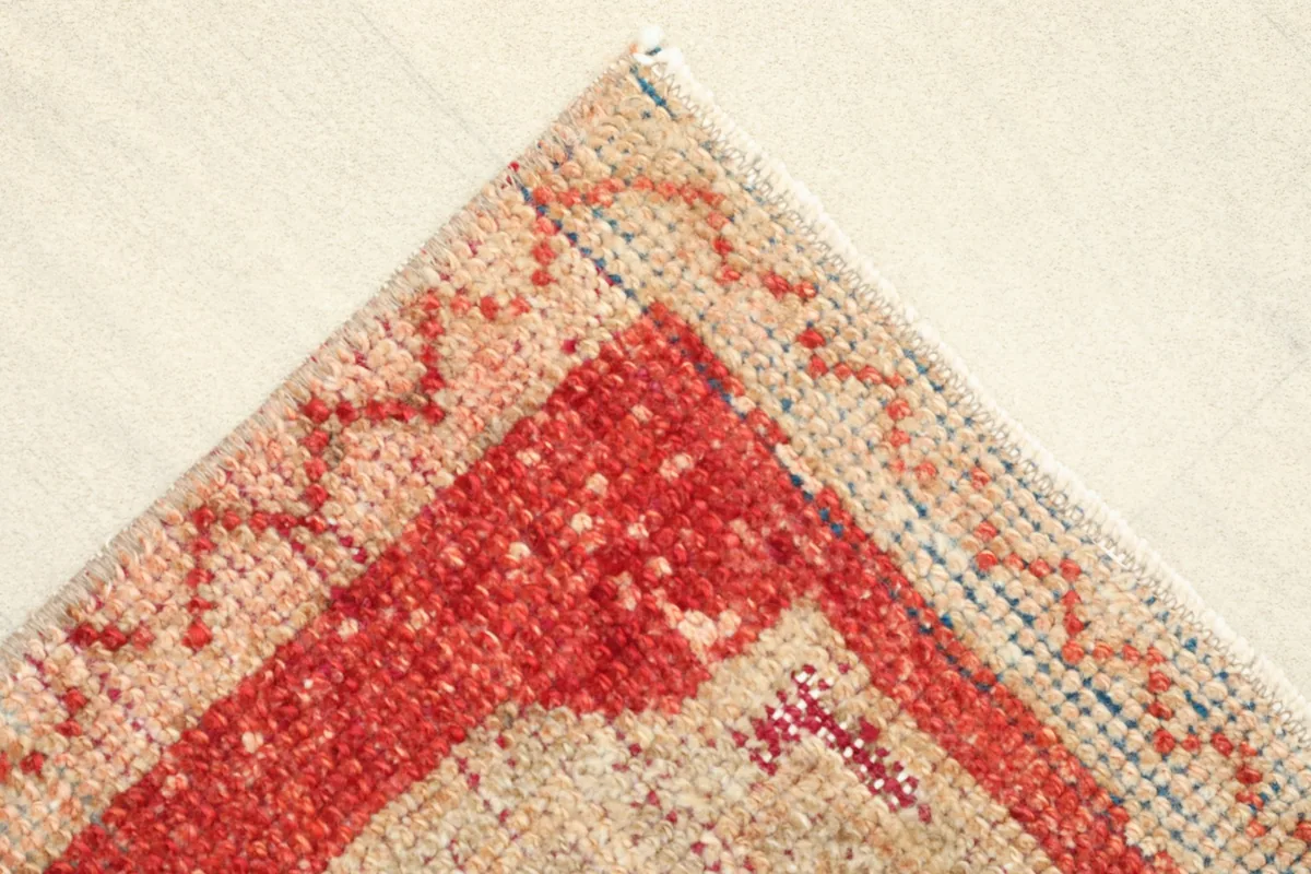 Close-up of a corner, showing the rust-colored border with intricate patterns and the rug's edge.
