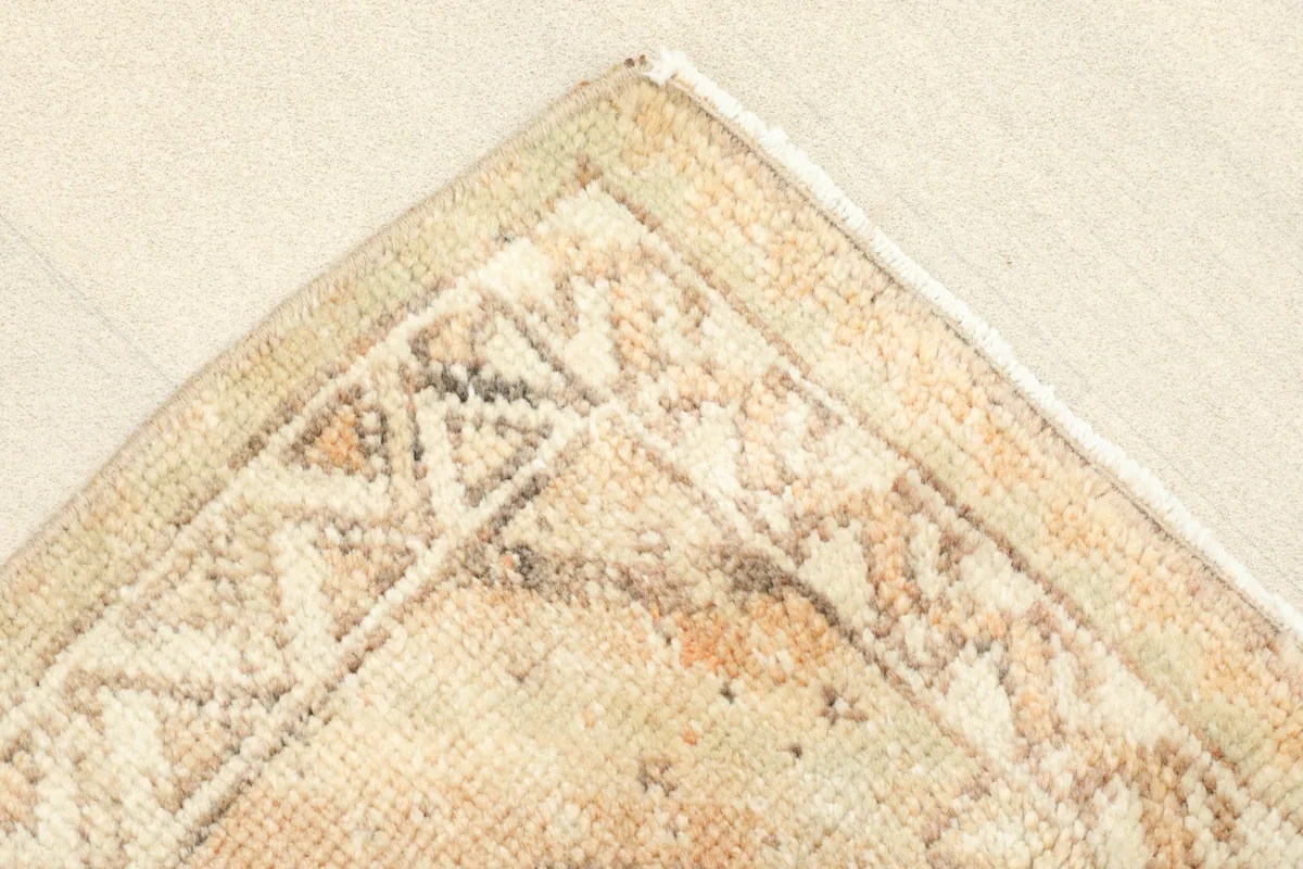 Detailed view of the corner, showing the geometric border design and soft colors