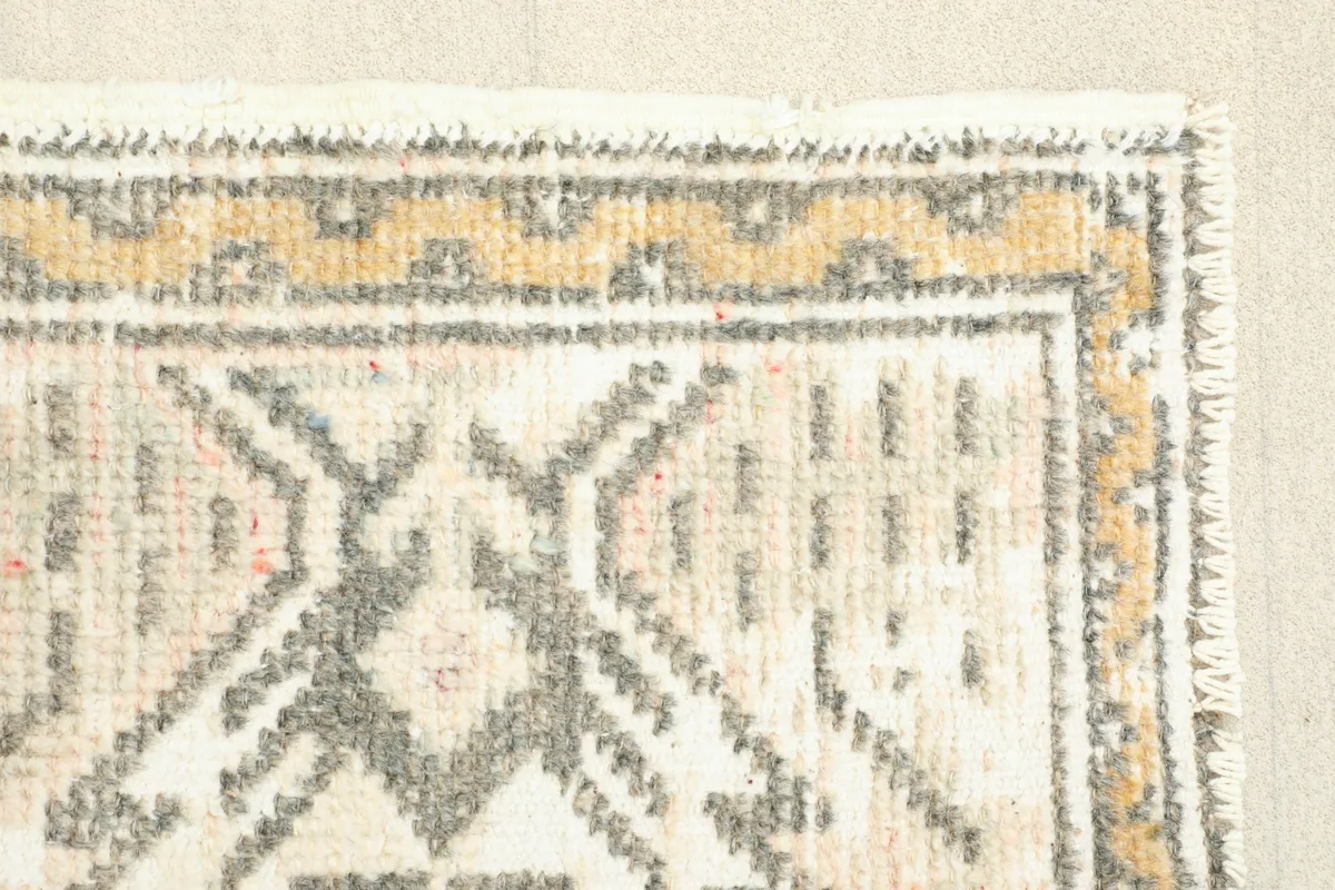 Close-up of the rug's border design, featuring geometric shapes and the subtle color variations.