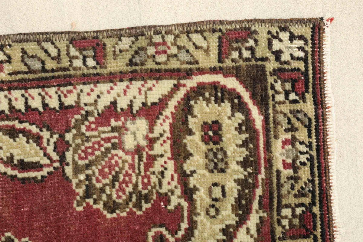 Close-up of the rug's border design and fringe, highlighting the muted colors