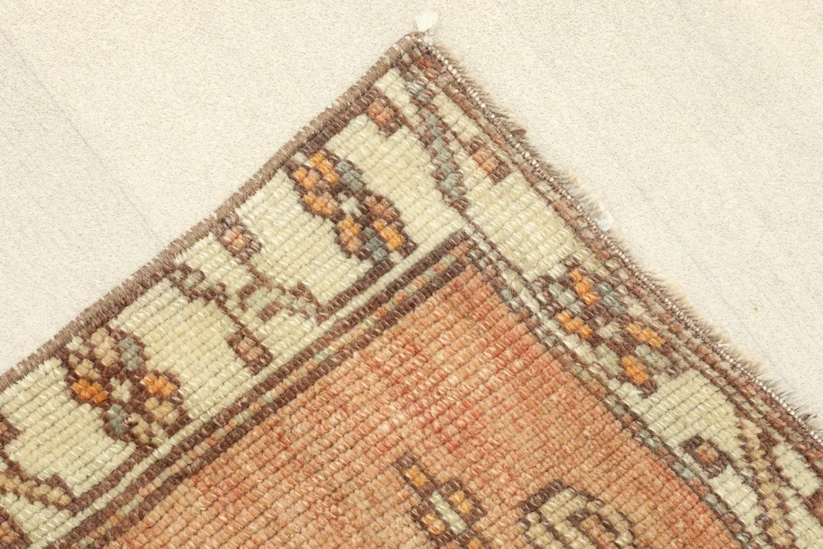 Corner detail showing the beige border with floral-like motifs and the rust field.