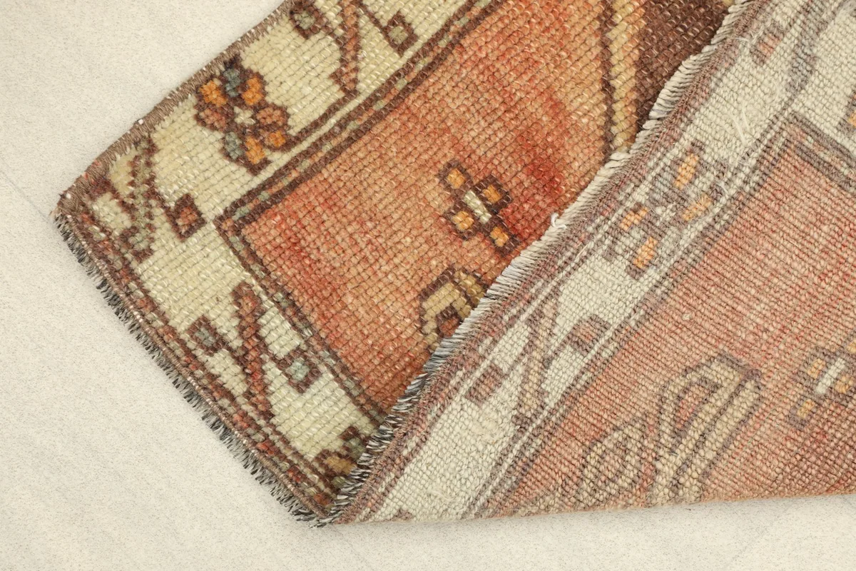 View showing the low wool pile and the construction of the vintage Anatolian rug.