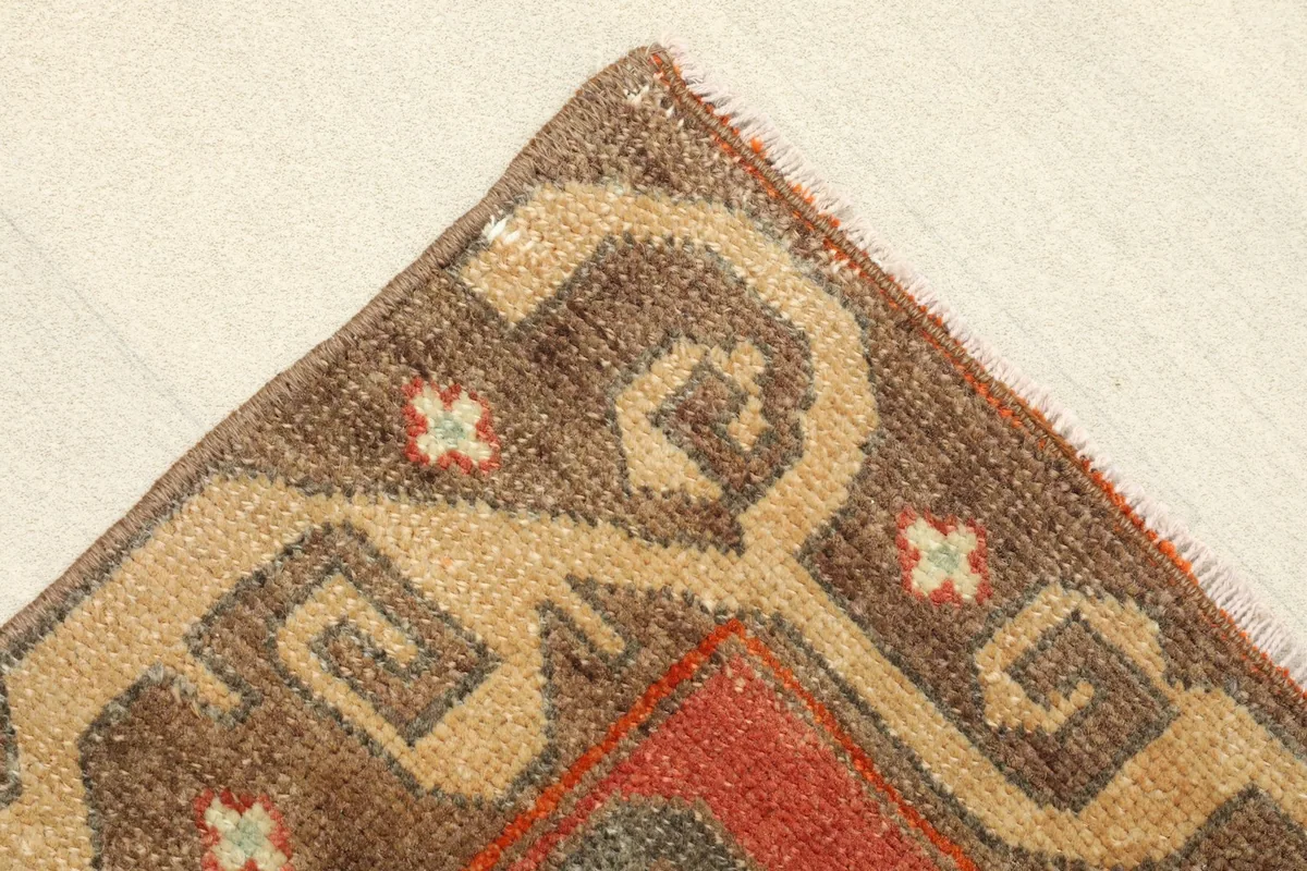 Angled view of the rug's corner, showing the brown and tan border with geometric motifs.