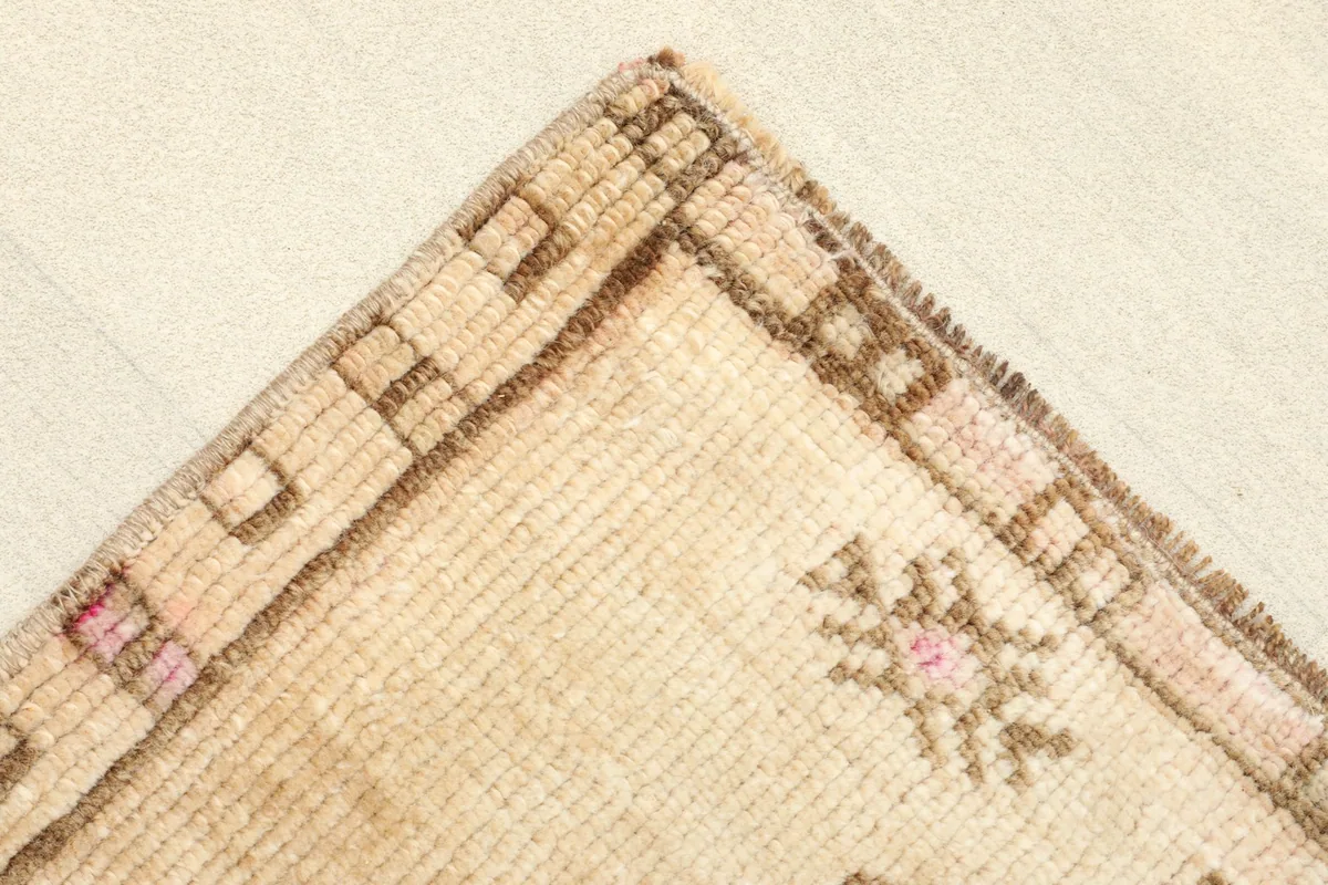 Corner view of the rug, showing the beige field transitioning to the brown patterned border.
