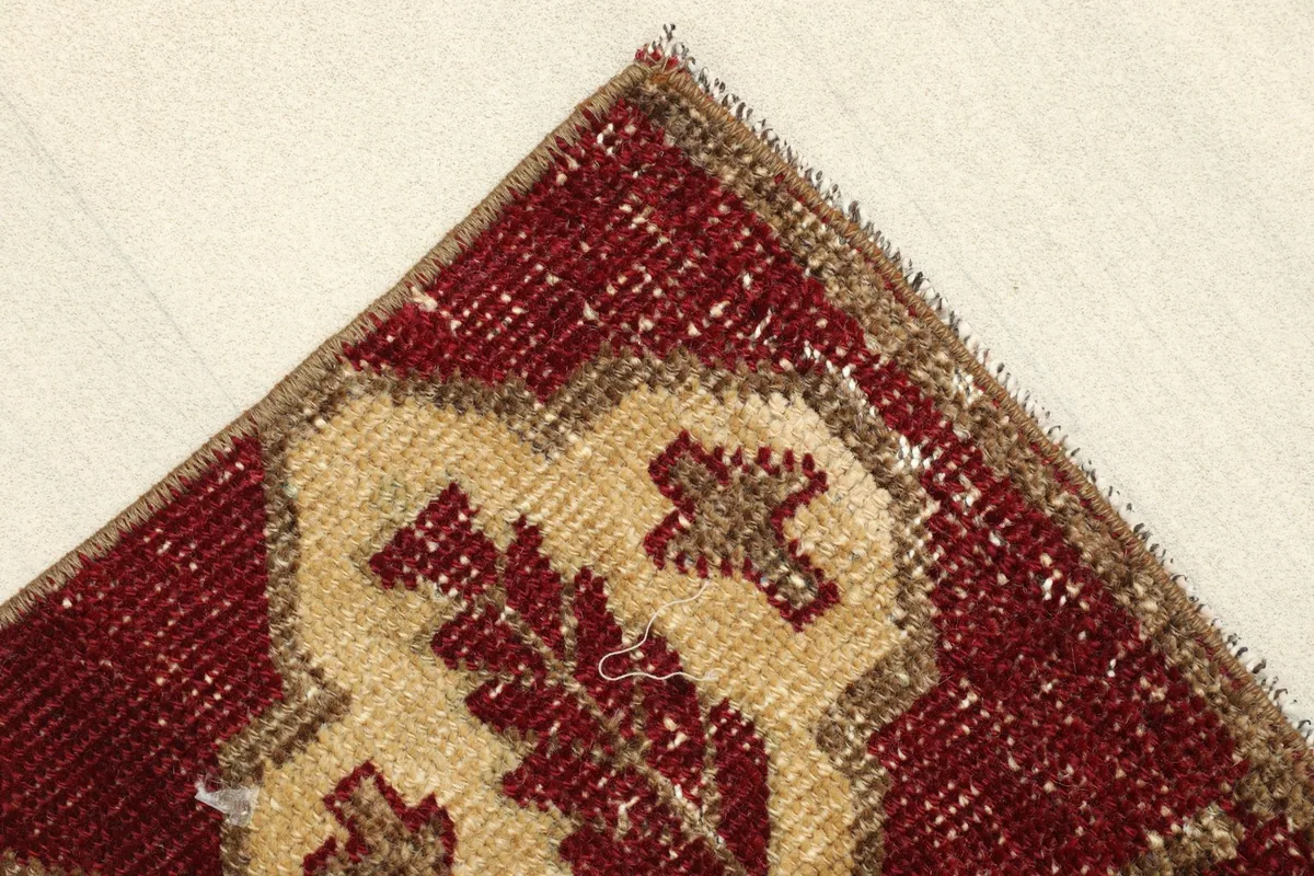 Close-up of a corner showing the red field and tan border motifs