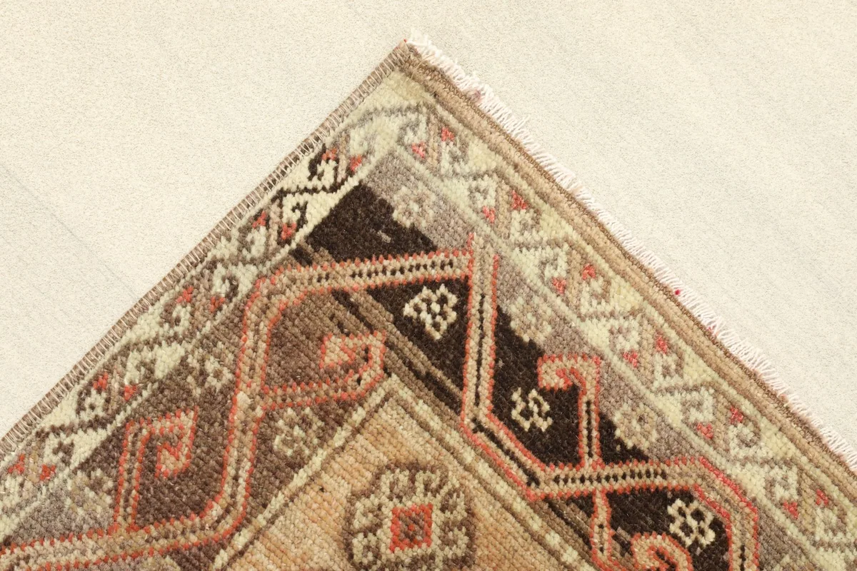 Corner view showing the layered borders and fringe of the hand-knotted rug