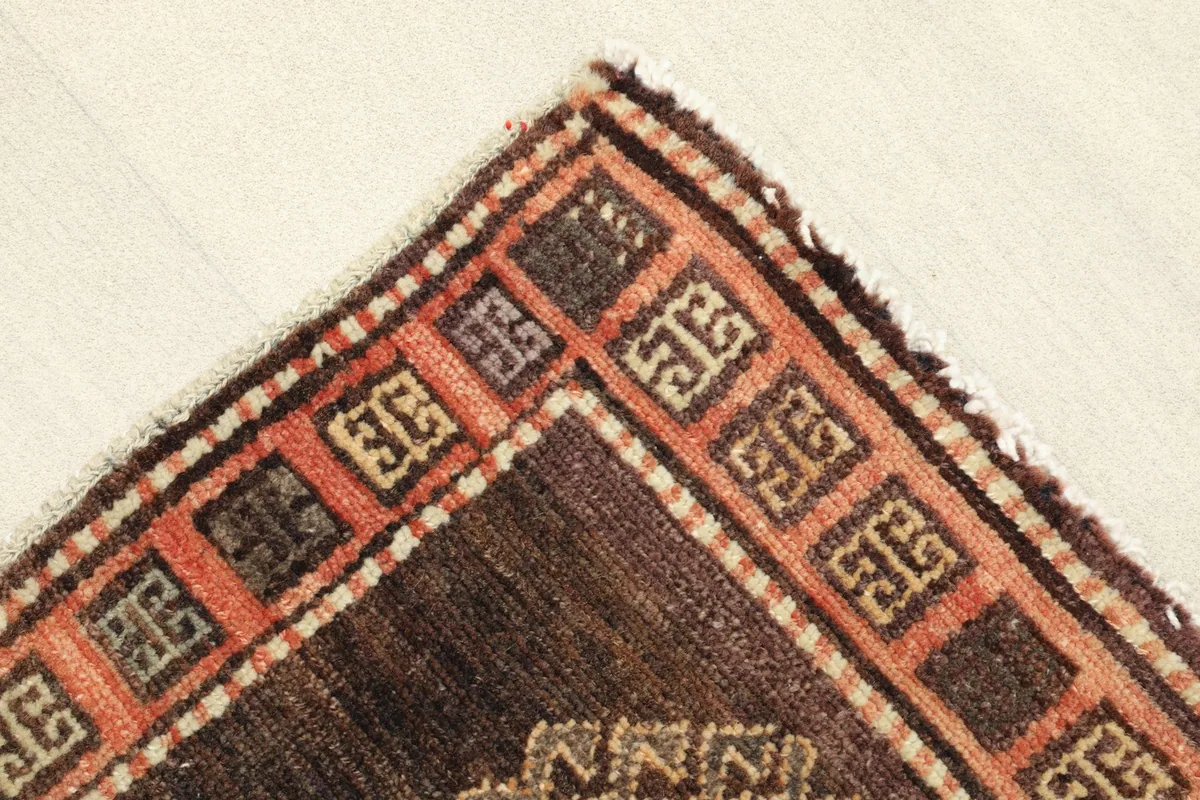 Corner detail showing the brown border with repeating geometric elements and a tan inner border.