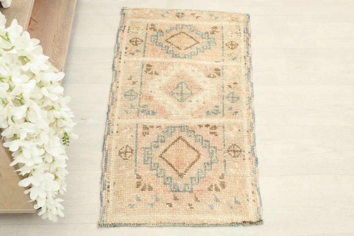 Overhead view showcasing the full pattern and colors of the vintage Anatolian rug.