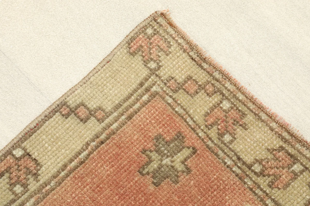 Corner detail showing the beige border with small rust and brown elements and the rug's edge.
