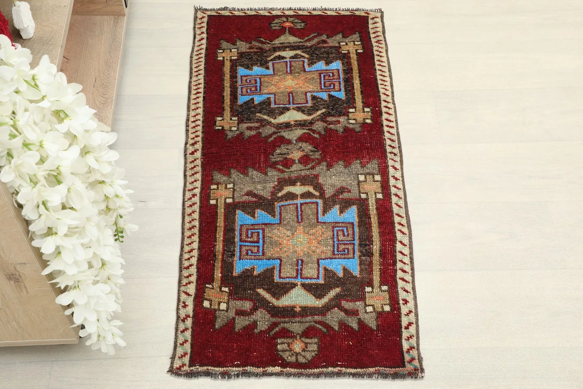 Direct overhead shot showcasing the full design of the red tribal rug with blue and brown patterns.