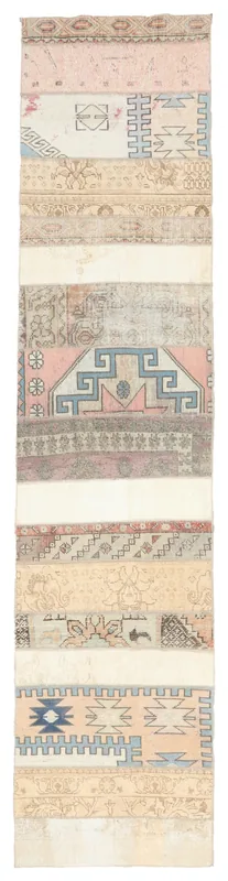 Full overhead view of the 2'5" x 10'9" rose and beige patchwork runner on a white background