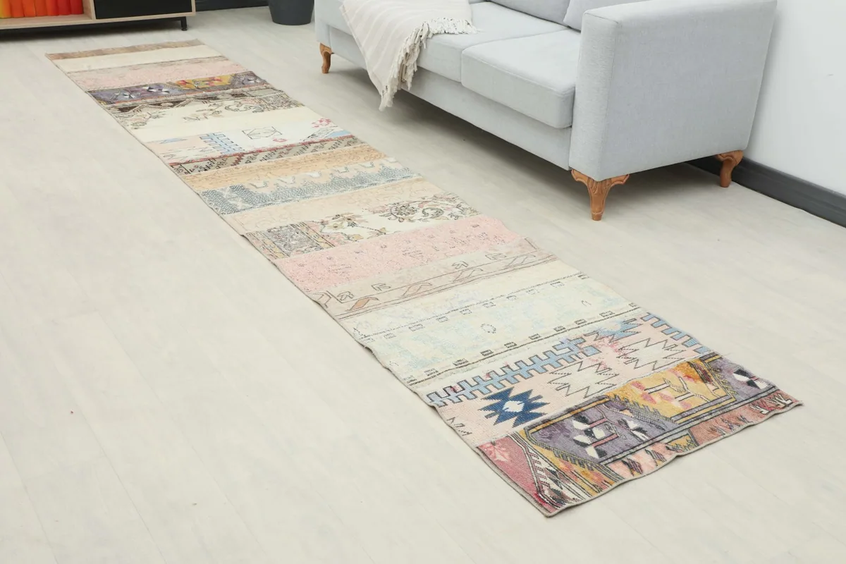 Angled view of the runner in a room, highlighting its length and varied sections