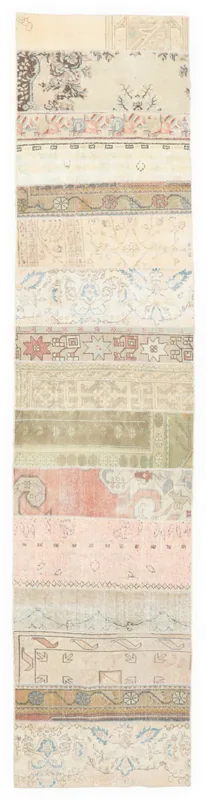 Full overhead view of the multicolor patchwork Anatolian runner rug on a white background