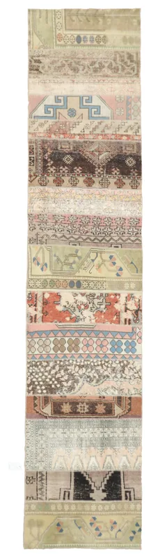 Full overhead view of the multicolor patchwork geometric runner rug on a white background