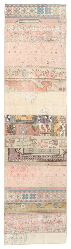 Full top view of a 2'7" x 10'8" rose and multicolor patchwork vintage Anatolian runner rug