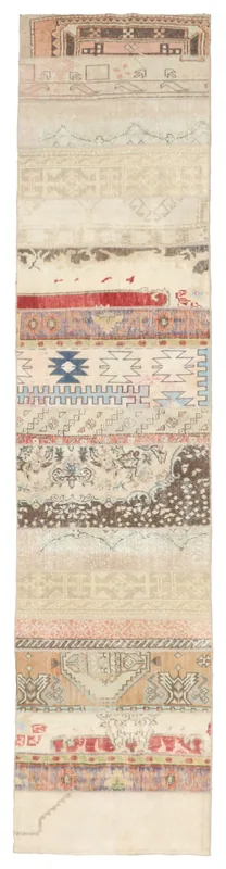 Full overhead view of the 2'8" x 11'9" vintage Anatolian patchwork runner rug on a white background.