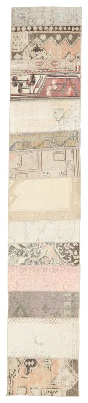 Full top view of the 1'11" x 10'4" vintage Anatolian patchwork runner rug on a white background.