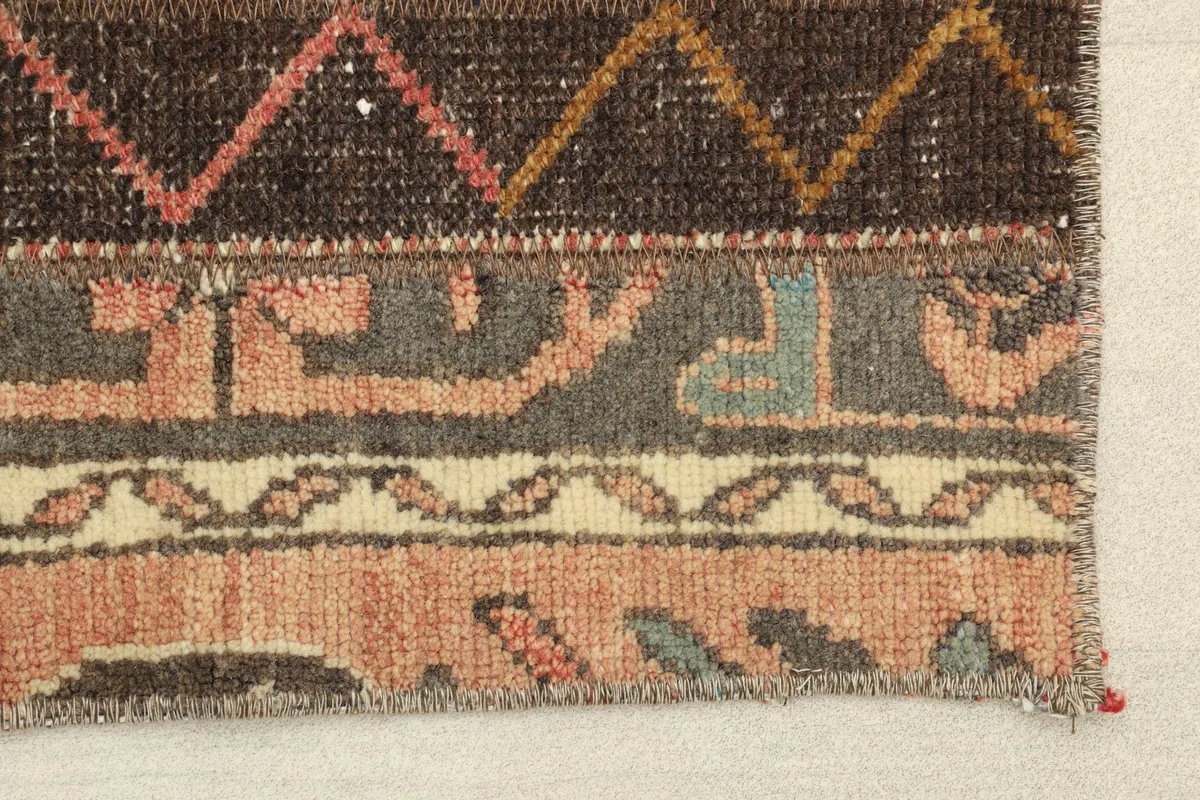 Close-up detail of the rug's border and a section with rose and blue geometric patterns