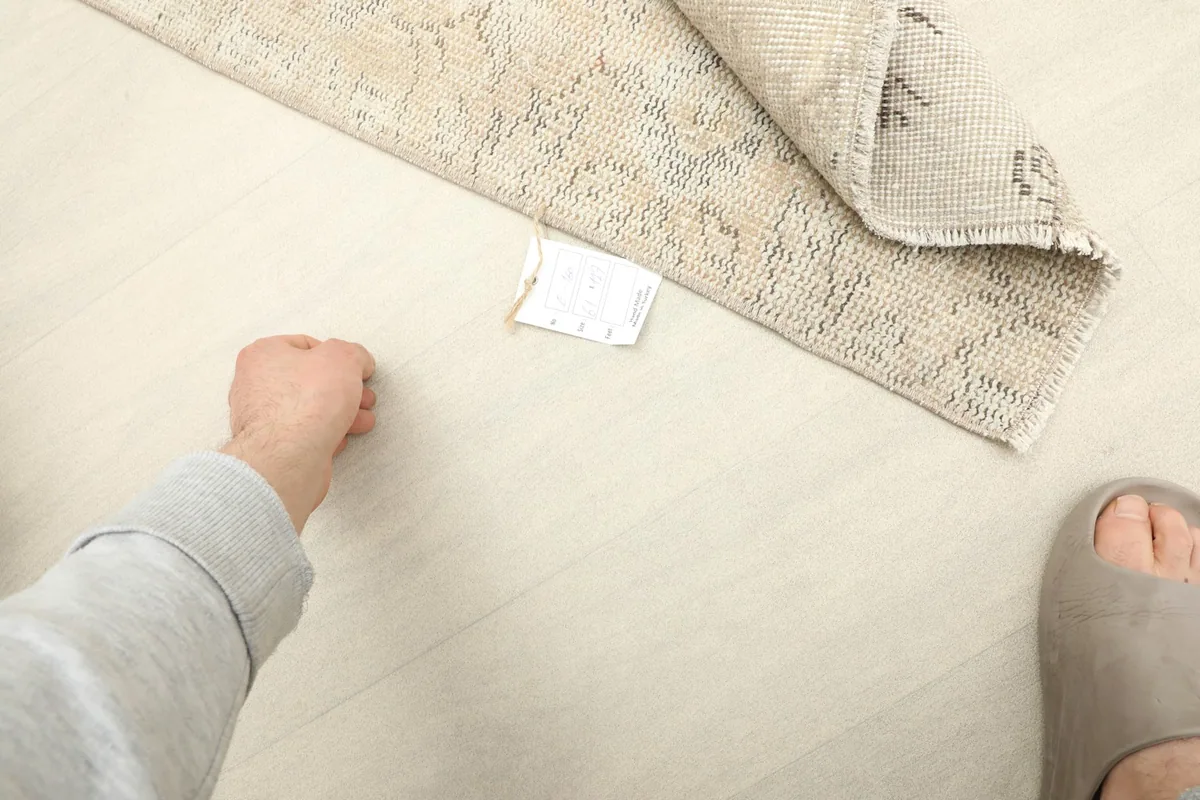 Close-up of the back of the rug, showing the intricate knotting of the wool on cotton.