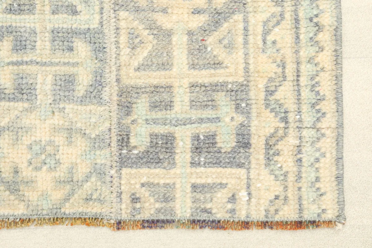 Close-up of the geometric patterns and colors on the rug pile