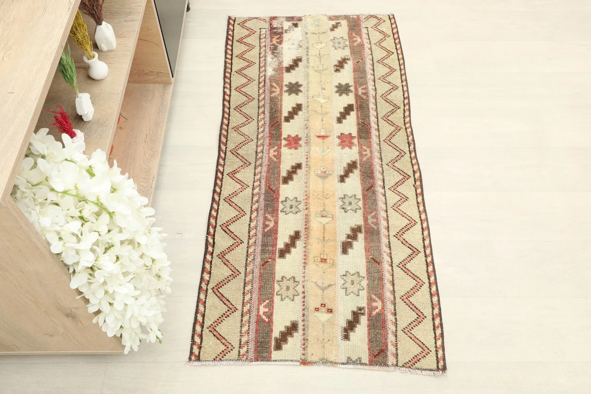Overhead view showcasing the full length and geometric patterns of the rug
