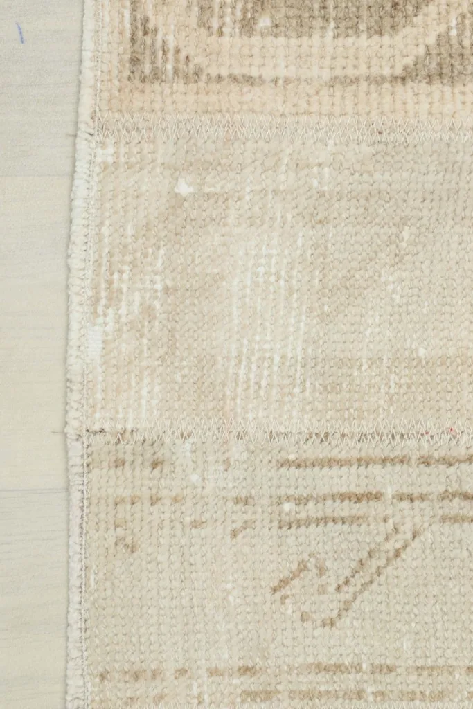 Close-up of the rug's edge, showing the beige main field and the distinct tan geometric border.