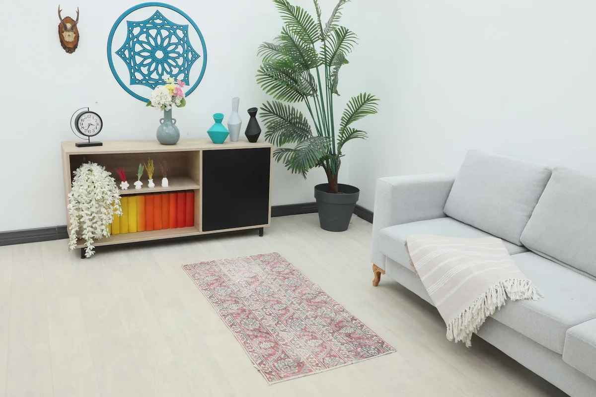 Vintage rose area rug displayed in a modern living room setting with a sofa and cabinet.