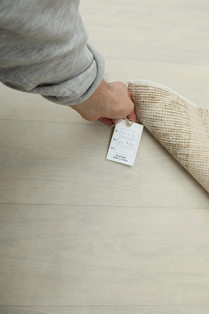 Hand holding the rolled rug with its product tag, showing the reverse side's texture