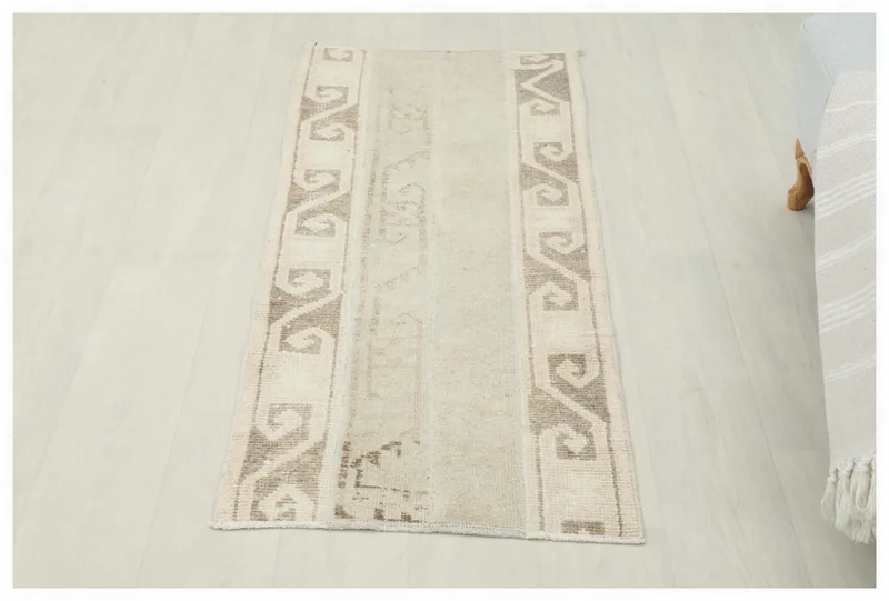 Full top view of the 1'10" x 4'4" beige and brown vintage Anatolian runner on a white floor.