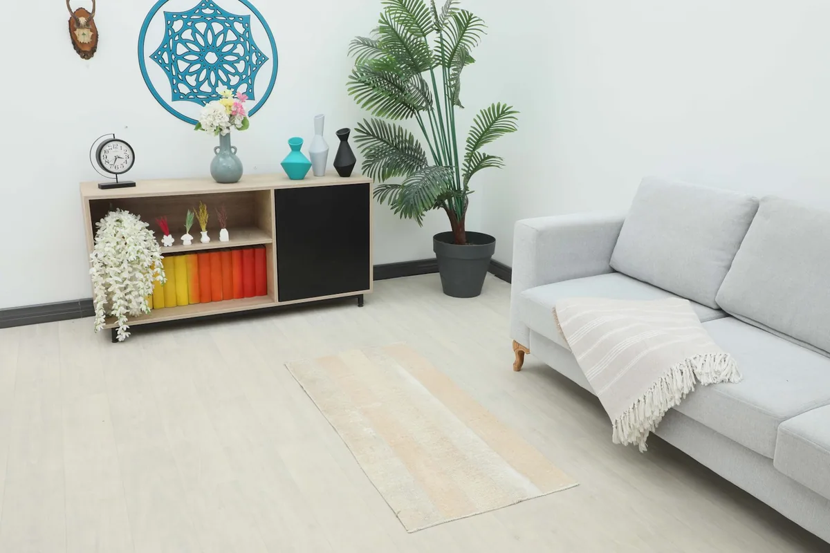 Vintage cream and beige rug placed in a living room setting next to a sofa and cabinet
