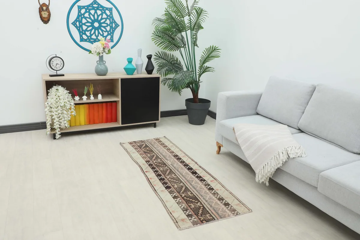 Runner rug displayed in a modern room setting with a sofa and console