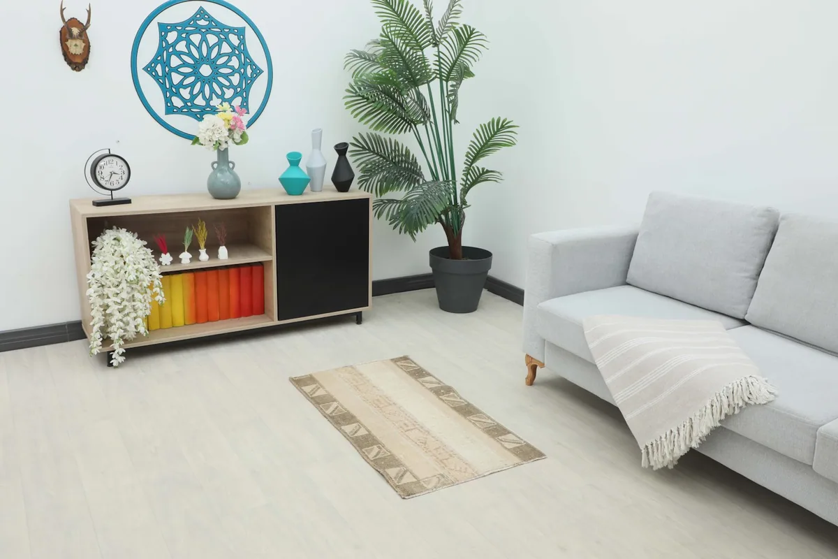 Vintage Anatolian rug placed in a living room setting next to a sofa and cabinet.