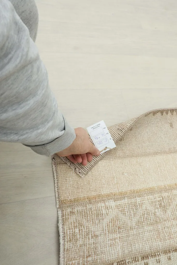 A hand holding a tag near the rug, illustrating the size and quality of the hand-knotted wool runner.