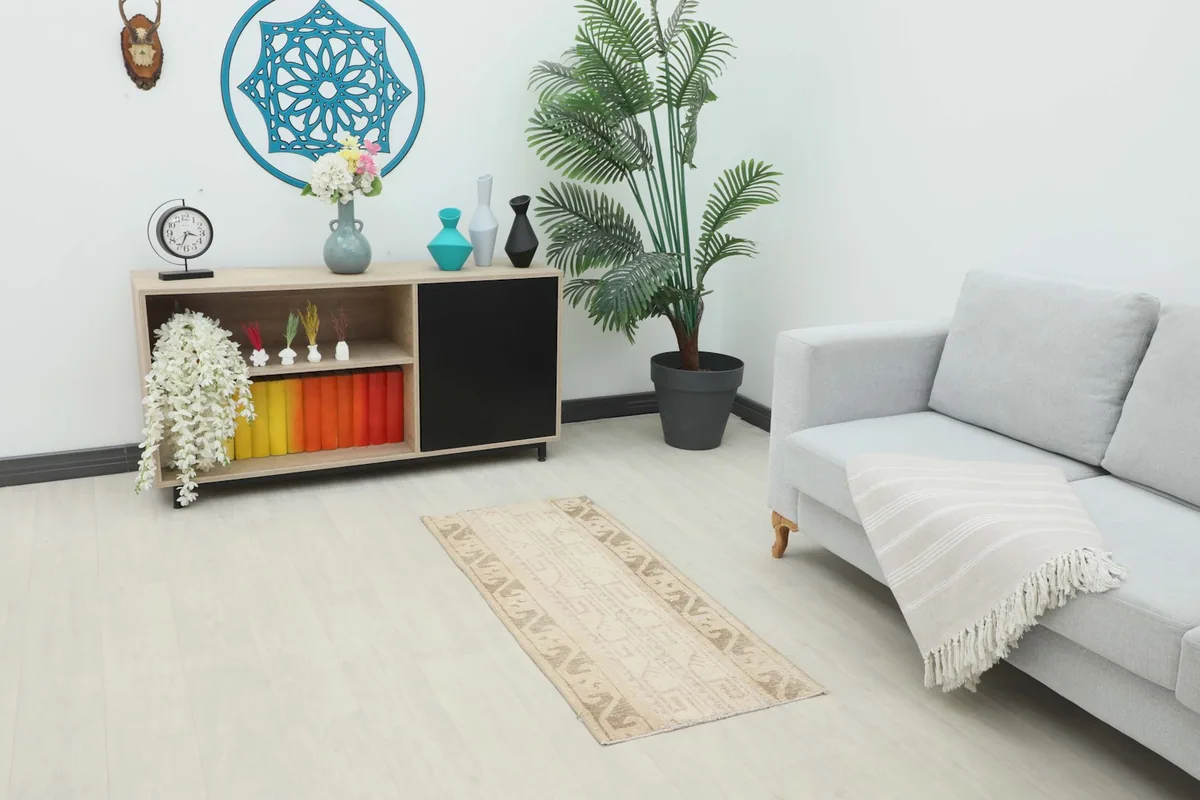 Vintage Anatolian rug displayed in a living room setting with a sofa and cabinet.