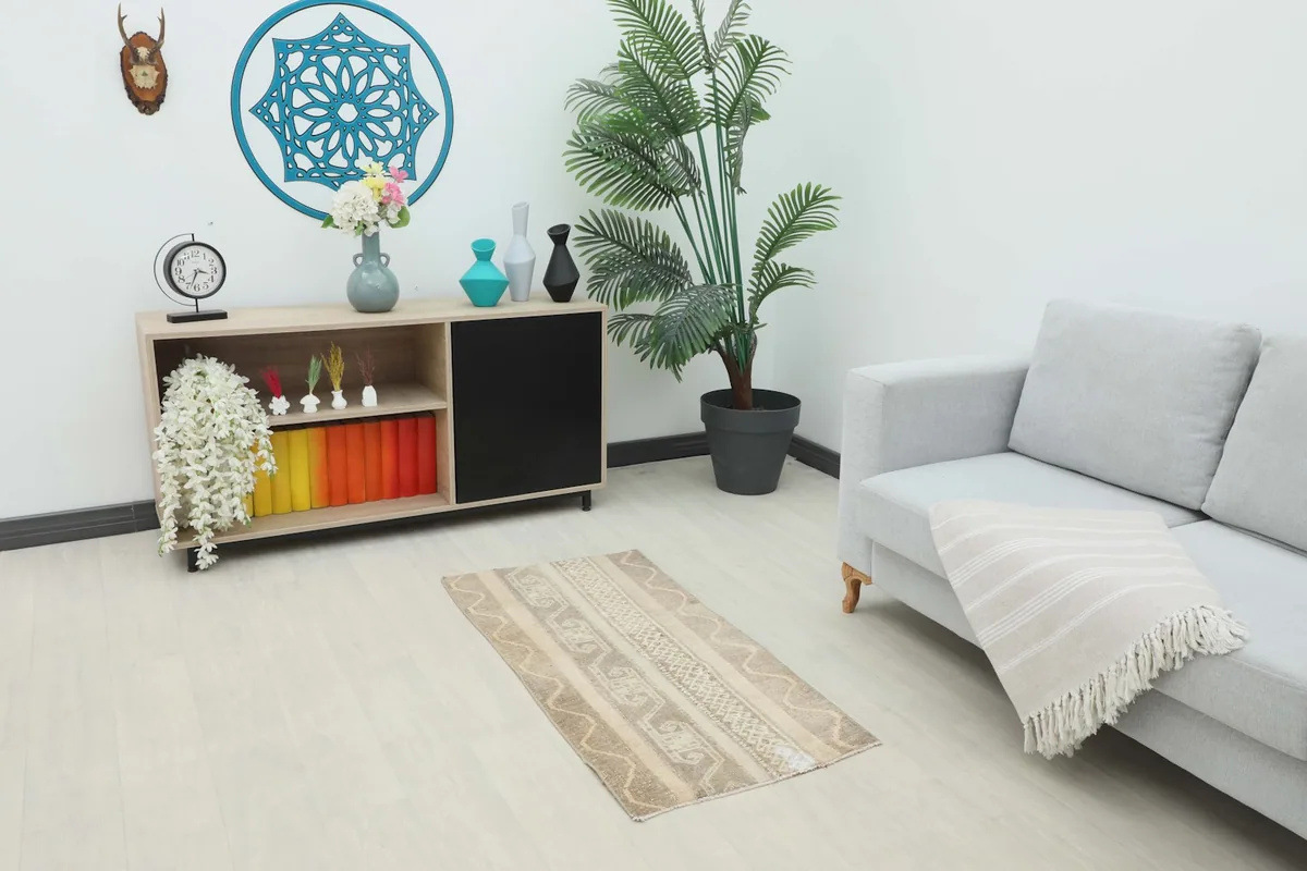 Vintage beige and brown rug in a living room setting with a sofa and cabinet