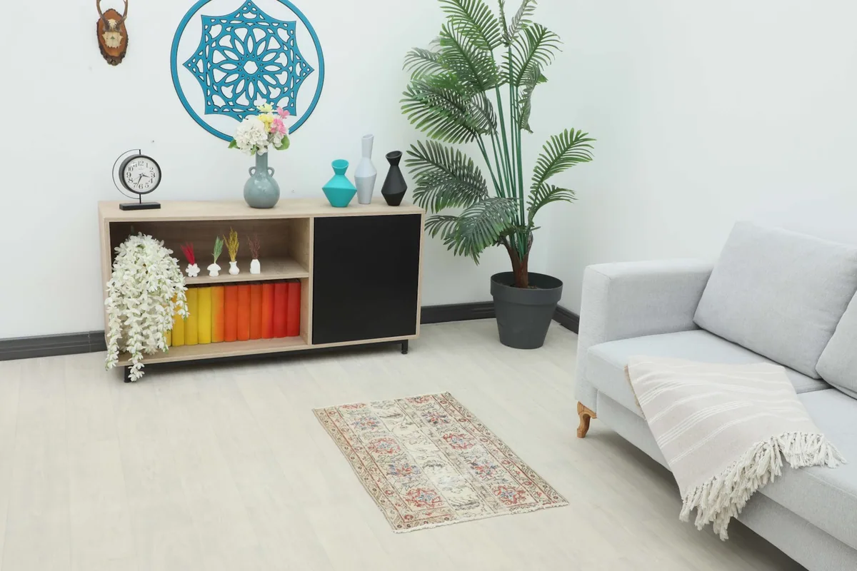 Small beige area rug placed in a modern room setting next to a sofa and cabinet