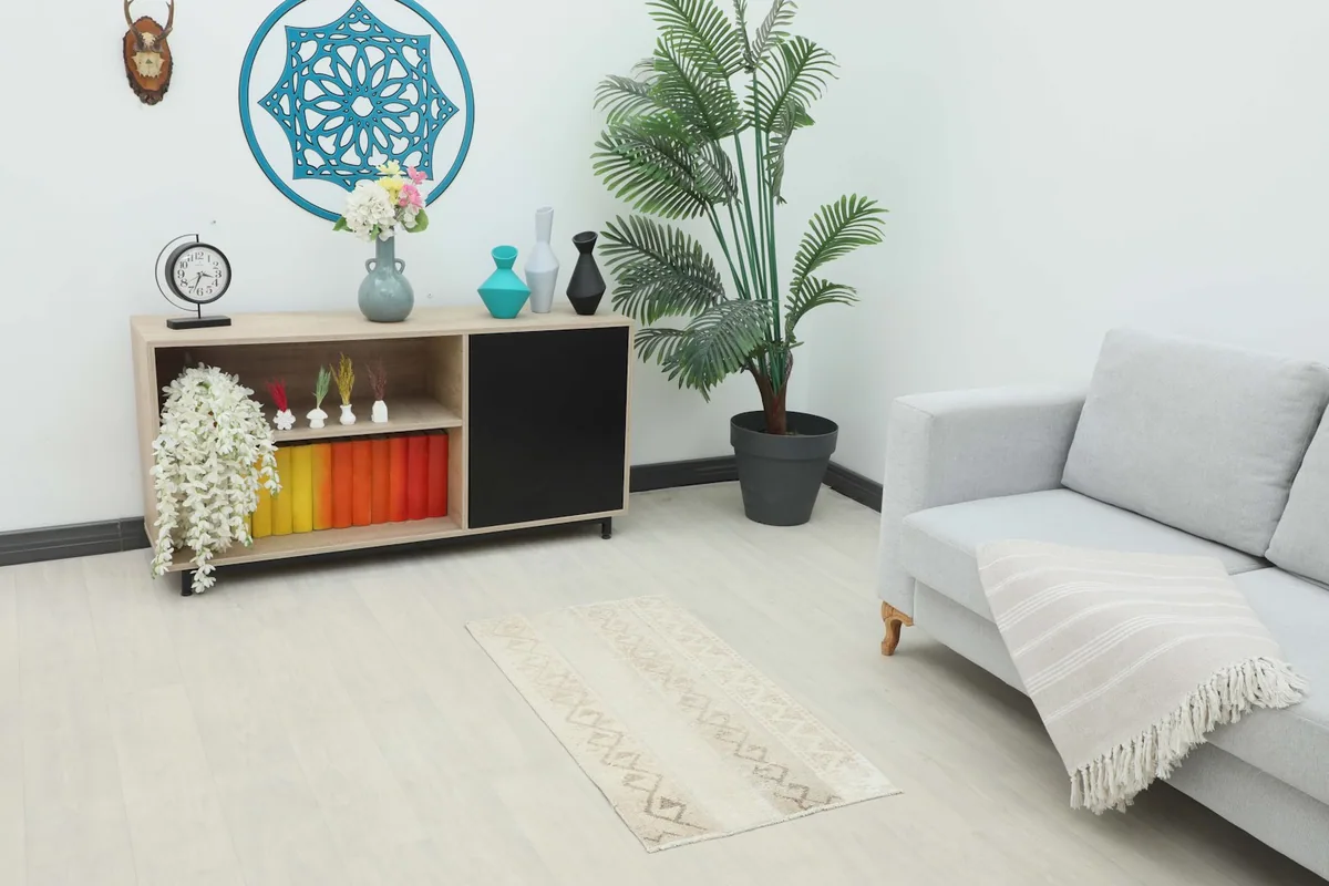 Vintage beige and tan rug placed in a modern living room setting with a couch and console.