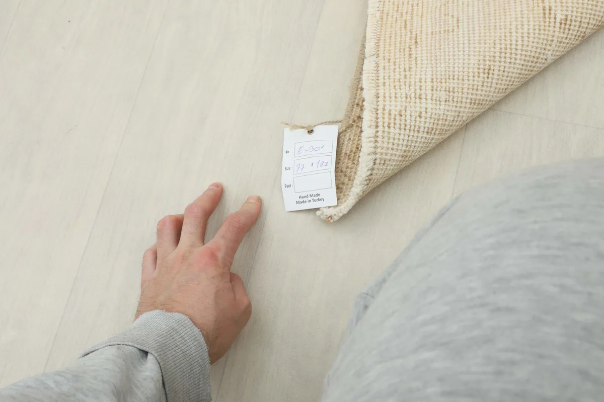 Hand pointing to the product tag attached to the corner of the vintage Anatolian rug.