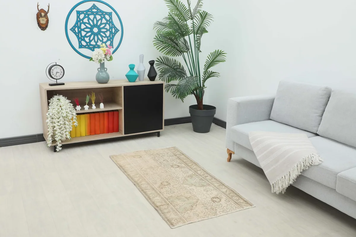 Vintage Anatolian rug placed in a modern living room setting with a couch and console.