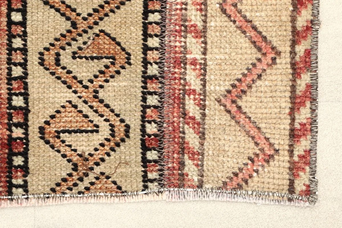 Close-up detail of the hand-knotted pile and zig-zag geometric patterns